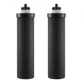 Two black coconut carbon water filter cartridges with white top caps.