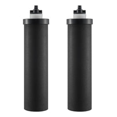 Two black coconut carbon water filter replacements with white tops and spouts.
