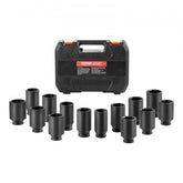 Bostome 14-piece metric axle nut impact socket set in black case with deep 6+12-point sockets.