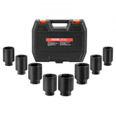 8-piece deep 6-point SAE axle nut impact socket set in a portable storage case.
