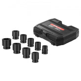 9-piece SAE axle nut impact socket set with 1-inch drive, 6-point sockets in black case.