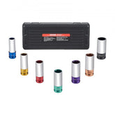 Bostome 7-piece 1/2 in. drive metric 6-point deep lug nut impact socket set in a black case with color-coded sockets.