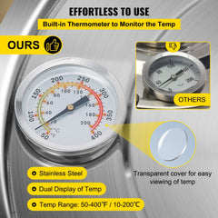 Comparison of built-in thermometers on stainless steel alcohol stills, showing dual Celsius/Fahrenheit display on ours versus single on others.