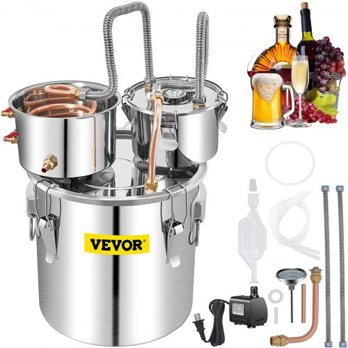13.2 gal stainless steel alcohol distiller with copper coil and accessories.