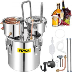 13.2 gal stainless steel alcohol distiller with copper coil and accessories.