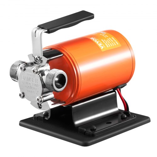 Orange 12V DC water transfer pump with black handle, metal hoses, and base on a black stand.