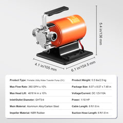 Orange 12V DC portable water transfer pump with 360 GPH flow rate, aluminum body, and hoses on black base.