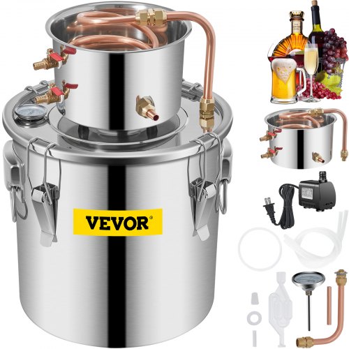 Stainless steel 3-gallon alcohol water distiller with copper coil and water pump included.