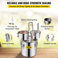Bostome 3-gallon stainless steel alcohol still with copper tube and built-in thermometers.