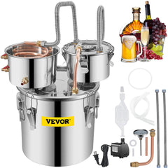Stainless steel distillation kit with a copper tube condenser and built-in thermometers.