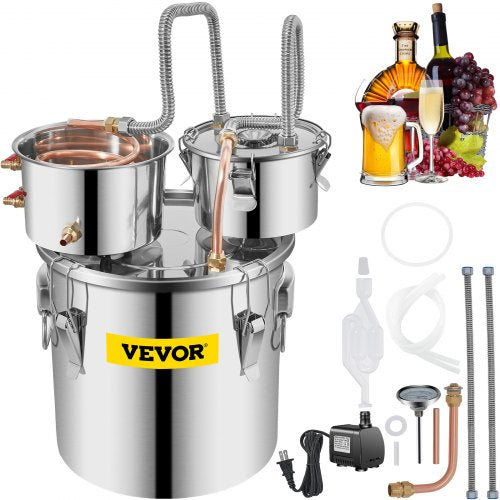 Bostome 5 Gal stainless steel alcohol distiller with copper tube, pump, and accessories.