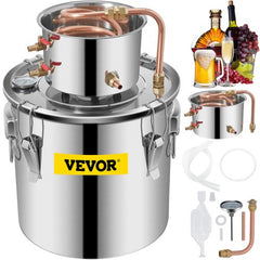 Bostome 5-gallon stainless steel alcohol still with a copper tube condenser and built-in thermometer.