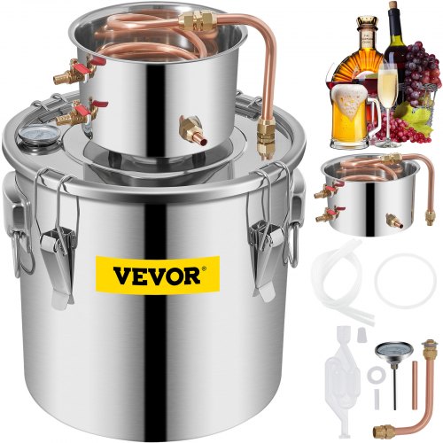 Stainless steel alcohol still with copper tube, built-in thermometers, and food-grade materials.