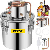 Stainless steel alcohol still with copper tube, built-in thermometers, and food-grade materials.