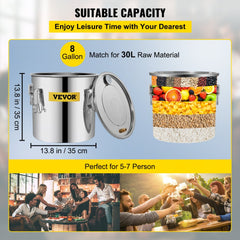 Stainless steel alcohol still with copper tube, built-in thermometers, and 30L capacity.