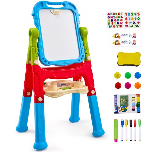 Double-sided magnetic whiteboard and chalkboard easel with adjustable height and accessories.
