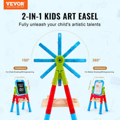 Double-sided magnetic whiteboard and chalkboard easel with adjustable height for kids.