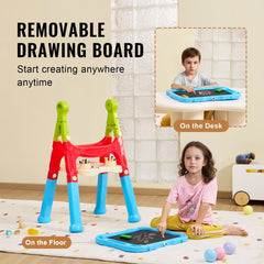 Double-sided magnetic whiteboard and chalkboard easel with adjustable height and accessories.