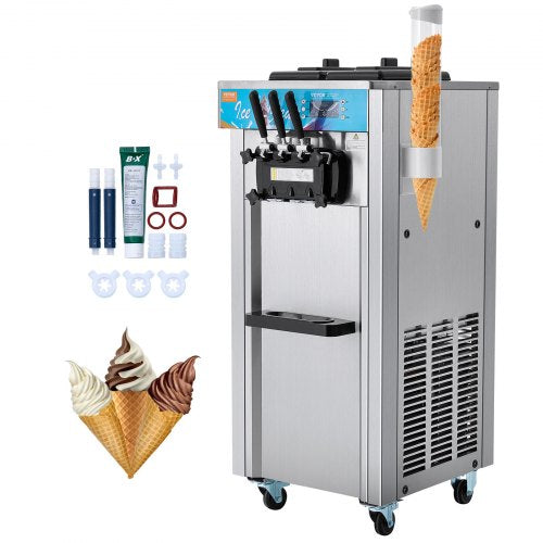 Commercial 3-flavor soft serve ice cream machine with stainless steel body, 4 valves, and accessories.
