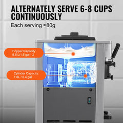 Stainless steel commercial soft serve ice cream machine with three flavors and dual hoppers.