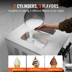 Bostome commercial soft serve ice cream machine with three flavors and stainless steel construction.