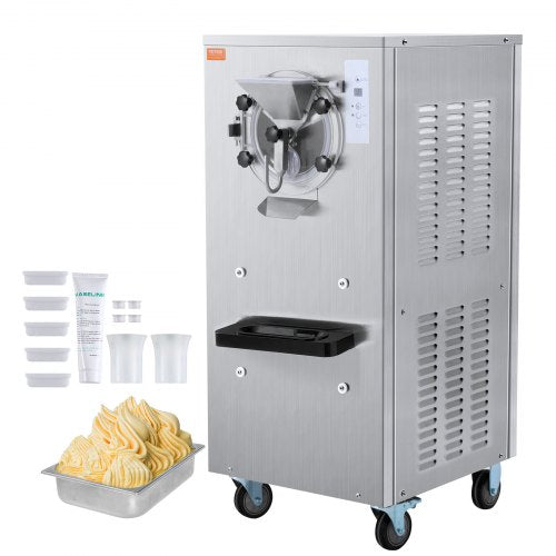 Silver stainless steel commercial hard ice cream maker with 8L capacity, digital controls, and accessories including cups and spatulas.