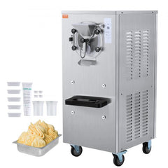 Silver stainless steel commercial hard ice cream maker with 8L capacity, digital controls, and accessories including cups and spatulas.