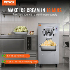 Commercial stainless steel hard serve ice cream maker with 8L capacity and 20-25L/H output.