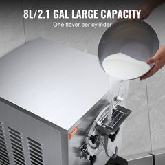 Stainless steel commercial hard serve ice cream maker with 8L capacity, dispensing milk into a bowl.