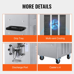 Commercial hard serve ice cream maker with 8L stainless steel body, drip tray, discharge port, multi-vent cooling, and four casters.