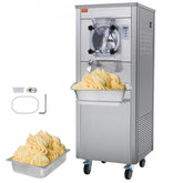 Silver stainless steel commercial hard ice cream maker with 6L cylinder, digital controls, and yellow ice cream scoops.