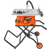 Bostome 10" table saw with stand, 25-inch rip capacity, and adjustable blade angle.