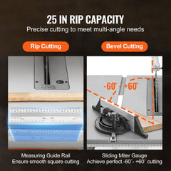Bostome 10" table saw with stand, featuring a 15 Amp motor and 25-inch rip capacity.