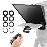 8-inch portable teleprompter with beamsplitter glass, tablet holder, lens rings, and Bluetooth remote on tripod.
