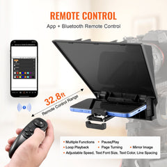 8-inch portable teleprompter with smartphone mount, Bluetooth remote, and app controls shown in use.