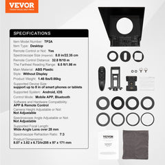 8-inch portable teleprompter with Bluetooth remote, beamsplitter glass, and adjustable mount.