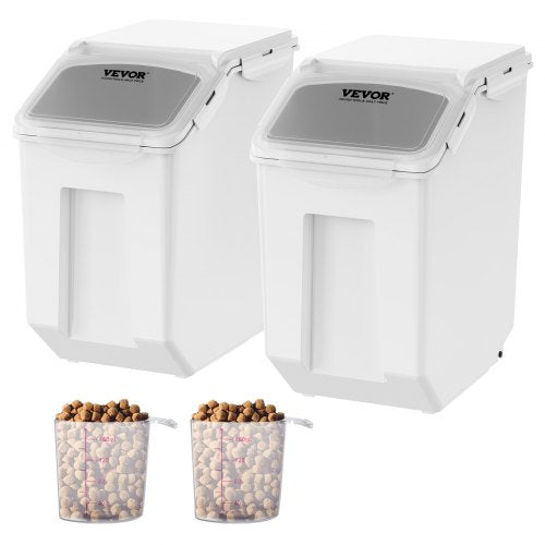 Airtight pet food storage container with wheels, measuring cup, and stackable design.