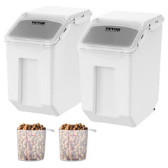 Airtight pet food storage container with wheels, measuring cup, and stackable design.