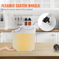 Airtight pet food storage container with wheels, transparent lid, and measuring cup.
