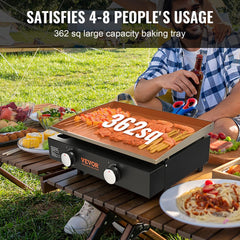 A black Bostome 22.4-inch steel flat top gas griddle with 362 sq in cooking surface on a picnic table with food.