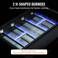 Close-up of two H-shaped stainless steel burners with blue flames on a gas griddle.