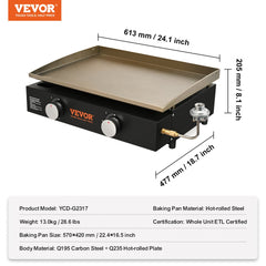 A 22.4-inch heavy duty steel flat top gas griddle with black frame and propane connection.