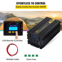 Bostome 2500W power inverter with LCD screen, aluminum shell, and multiple safety features.