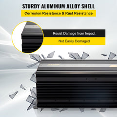 Black 2000W inverter with sturdy aluminum shell, LCD display, and impact-resistant design.