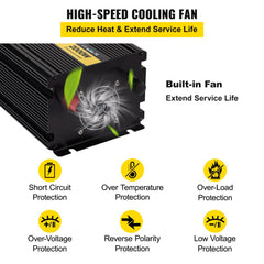 Black 2000W modified sine wave inverter with LCD display, cooling fan, and protection icons for over-load, short-circuit, and voltage safeguards.