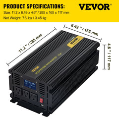 Black Bostome 2000W modified sine wave inverter with LCD display, AC outlets, and dimensions shown.
