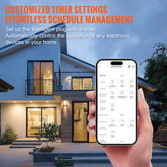 Hand holding smartphone with app controls for Bostome WiFi smart plugs in front of house