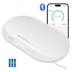 White Bluetooth baby scale with digital display, measuring tape, batteries, and app screenshot showing 2.12 kg weight.