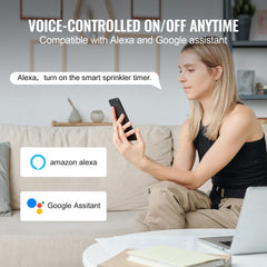 Woman using voice command on phone to control WiFi sprinkler timer compatible with Alexa and Google Assistant.