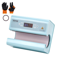 Blue Bostome Auto Tumbler Heat Press Machine with digital display, tumbler slot, orange rubber ring, and black gloves.